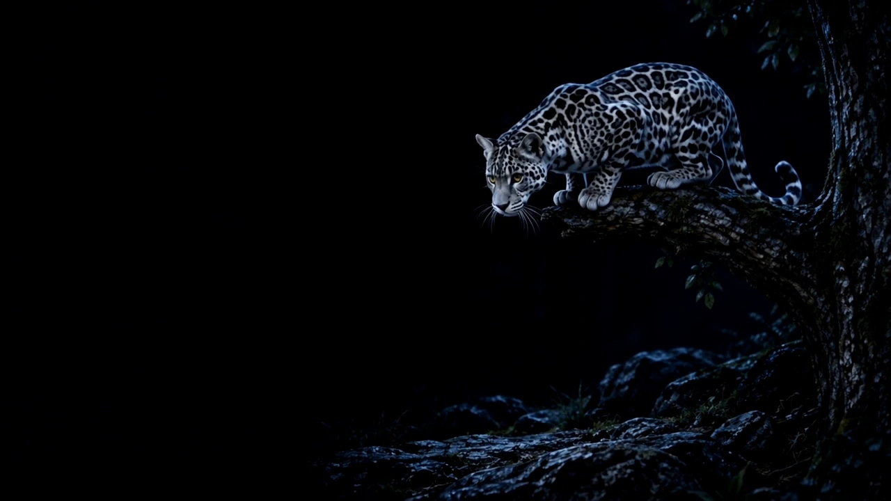 The silver jaguar crouches on a branch, ready to enter.
