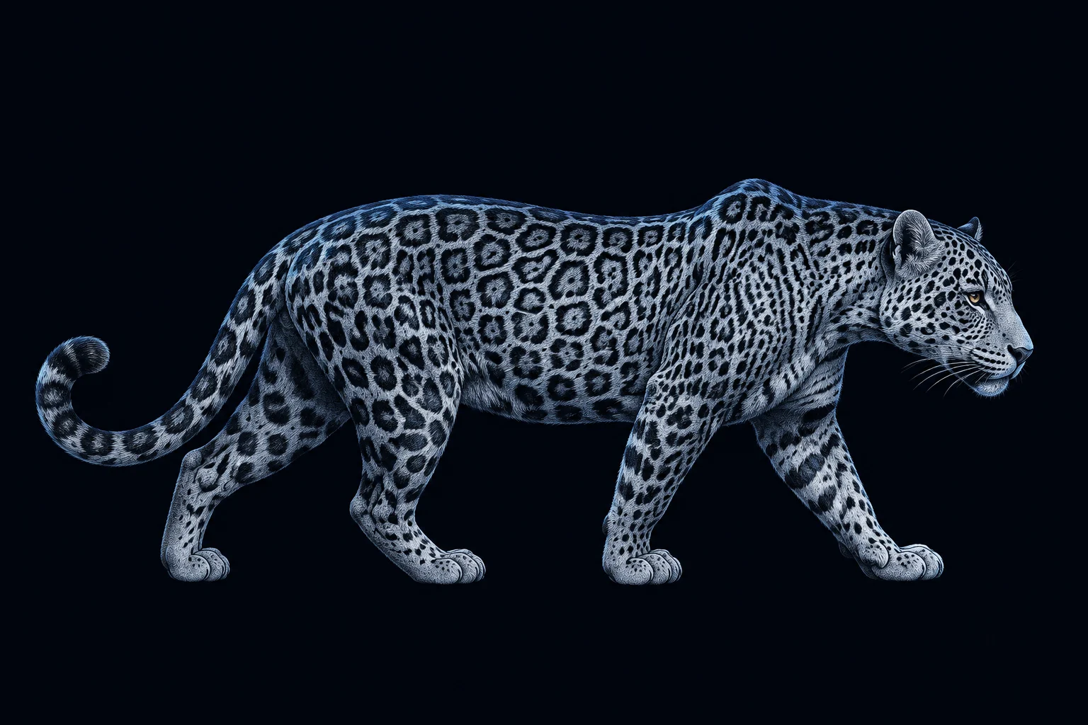 An original silver-blue jaguar illustration, walking forward with quiet confidence.